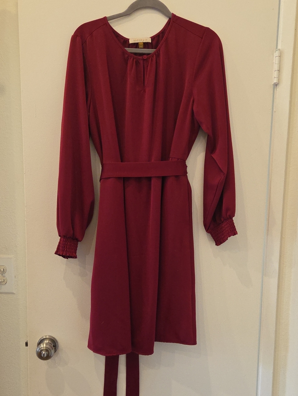 DownEast Wine Long-Sleeve Belted Dress